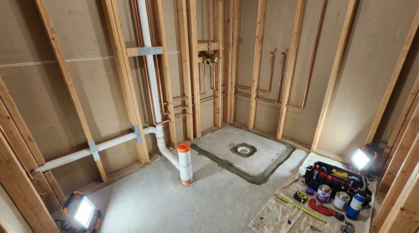 Bathroom rough-in plumbing during remodel by Johns Plumbing LLC in Clifton