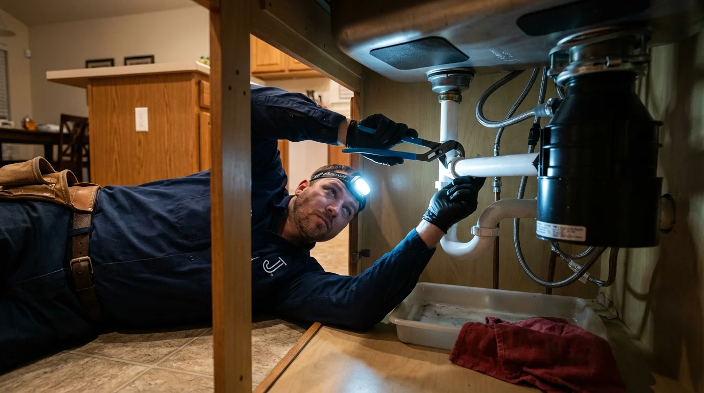 P-trap and supply line connections under a kitchen sink showing a common leak point in Clifton, AZ